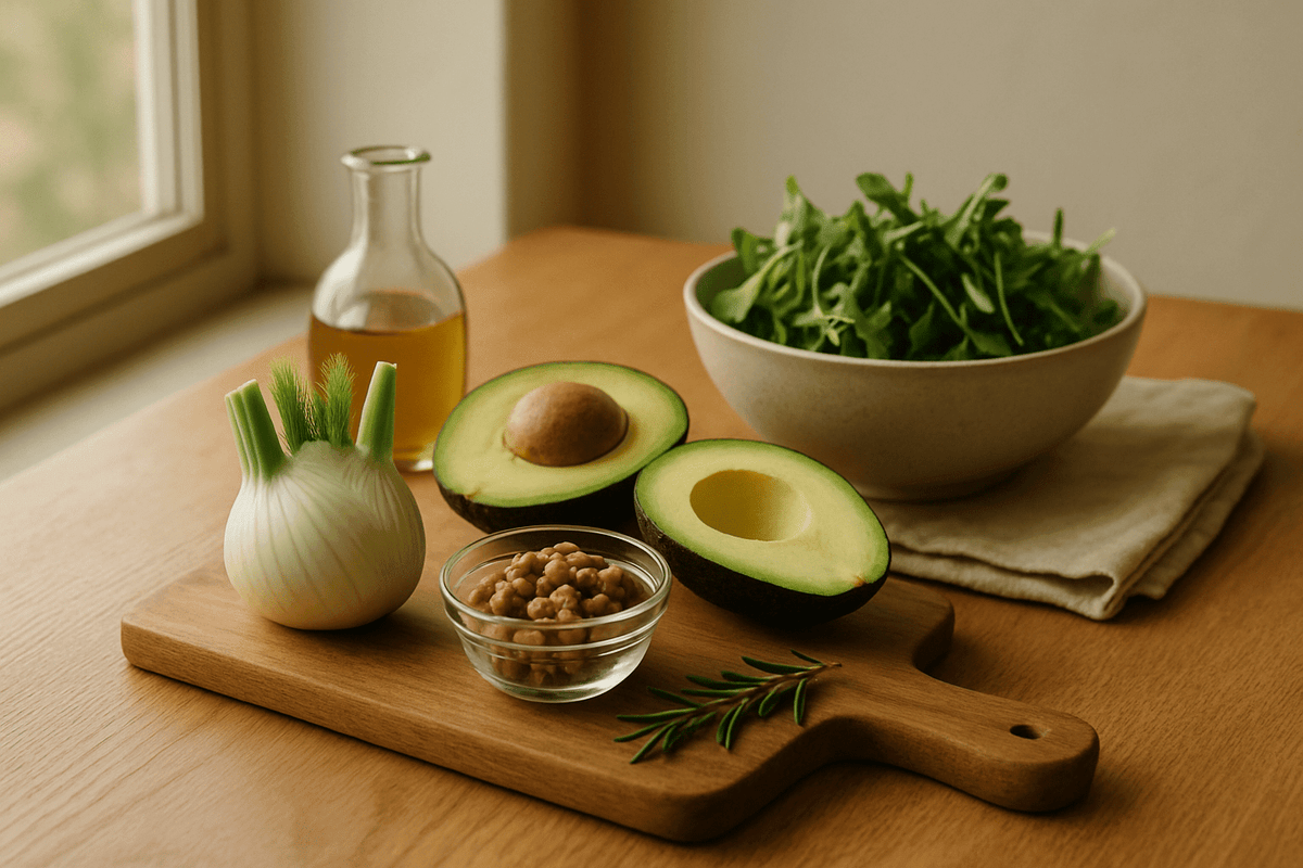 Editorial Stillleben mit Fenchel, Avocado und Walnüssen — Ernährung in den Wechseljahren