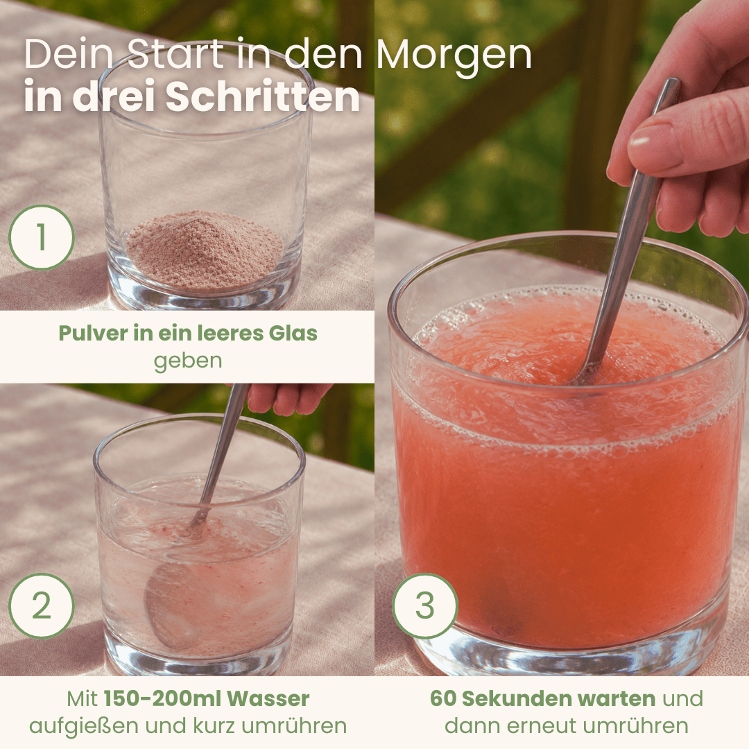 Zubereitung von vedi boost in drei Schritten: Pulver, Wasser, umrühren