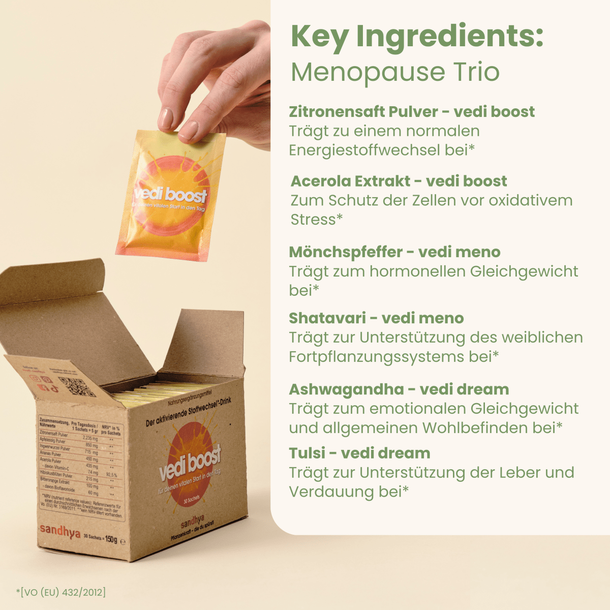 Key Ingredients im Menopause Trio: Mönchspfeffer, Shatavari, Ashwagandha, Tulsi und Acerola, daneben vedi boost Box