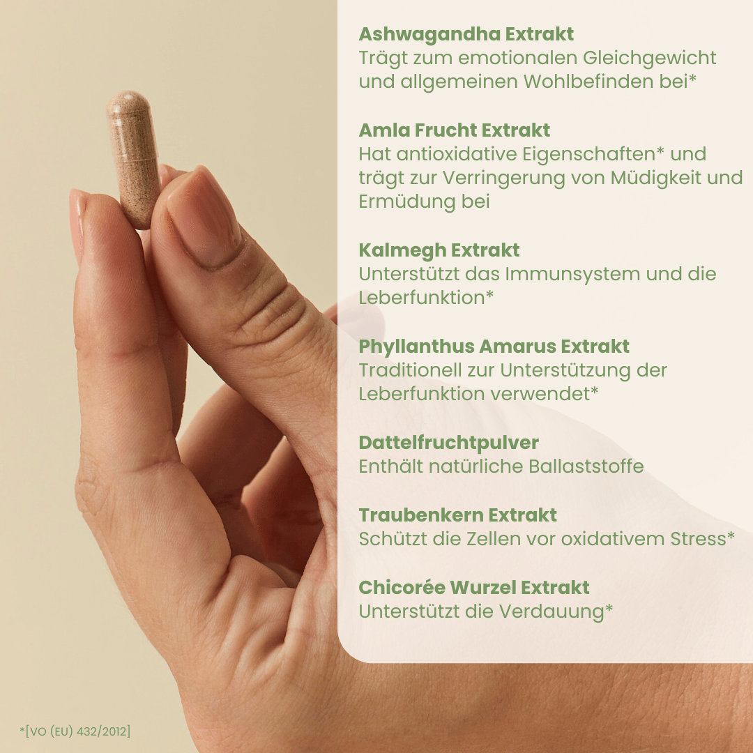 vedi up Inhaltsstoffe – Ashwagandha Amla Traubenkern Vitamin C, Morgen-danach-Kapsel ayurvedisch