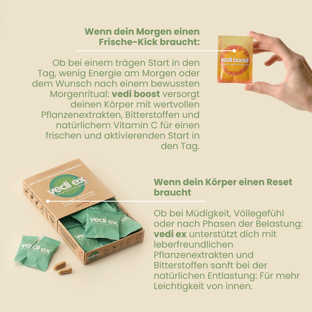 Cleanse-Boost-Set Anwendungen mit Vedi Boost Sachet morgens und Vedi Ex Kapseln für Körper-Reset