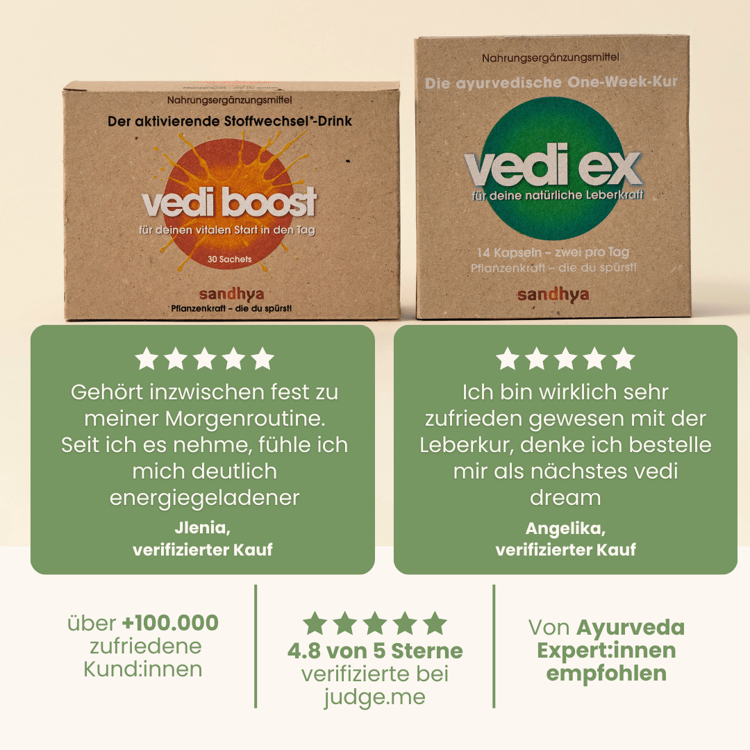 Cleanse-Boost-Set Kundenbewertungen 4,8 Sterne für Vedi Boost und Vedi Ex Leber-Kur mit Testimonials