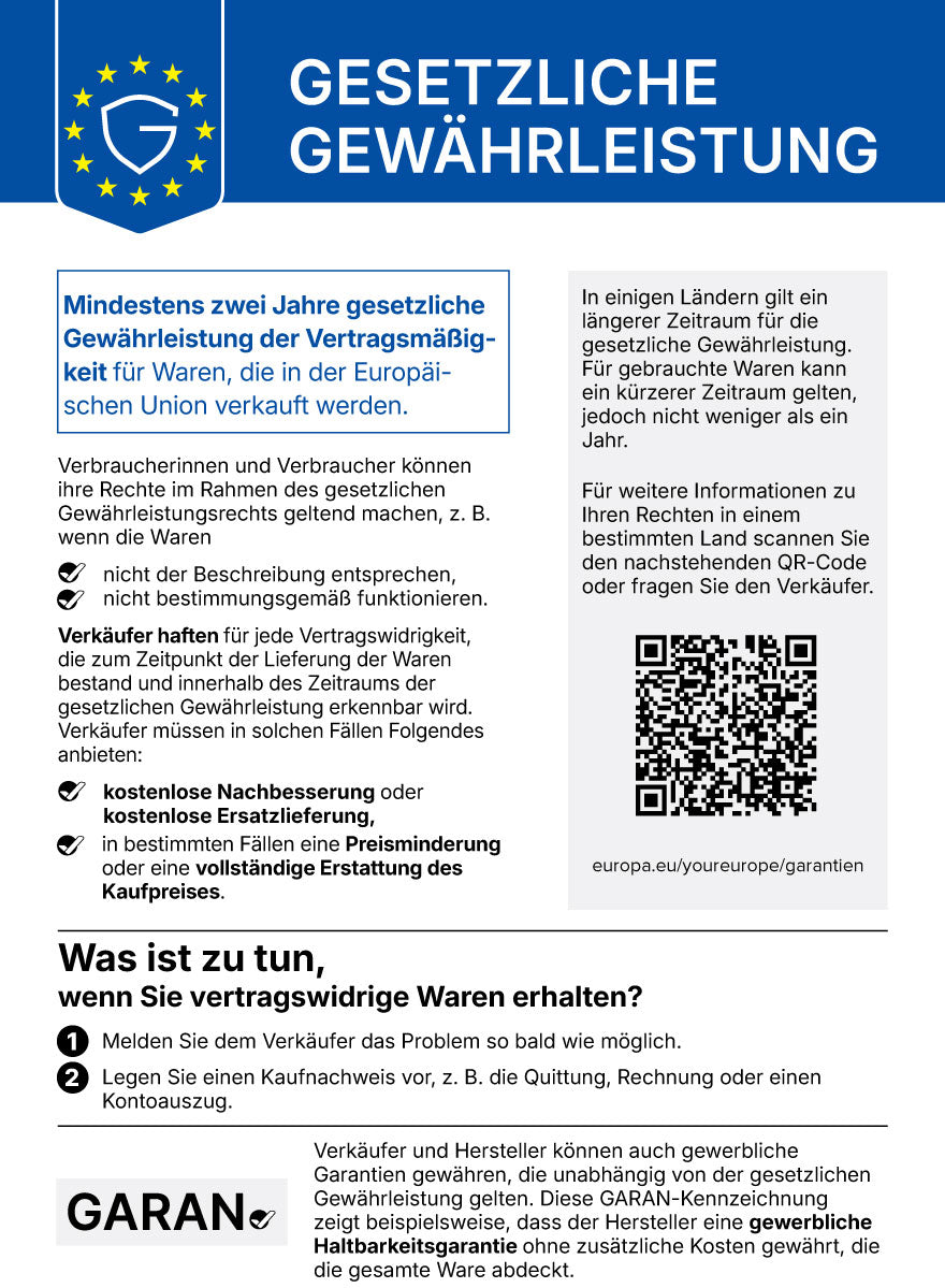 Gesetzliche Gewährleistung: mindestens zwei Jahre gesetzliche Gewährleistung für Waren, die in der EU verkauft werden