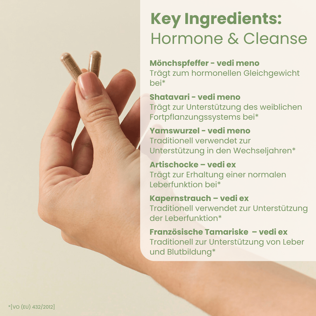 Hormone-Cleanse-Set Key Ingredients Vedi Meno und Vedi Ex mit Mönchspfeffer Shatavari und Yamswurzel