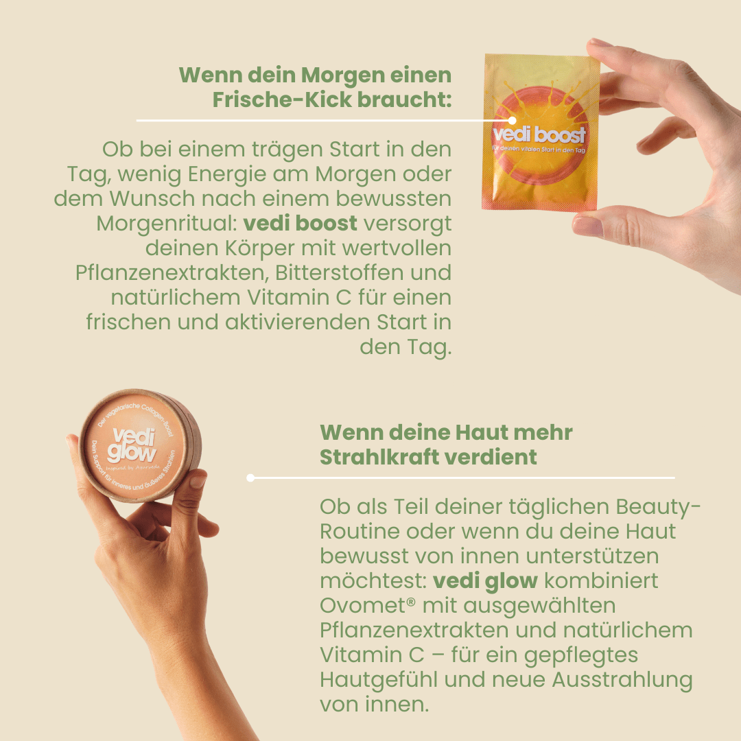 Morning-Set Anwendungen mit Vedi Boost Sachet morgens und Vedi Glow Kollagen für Haut-Beauty-Routine