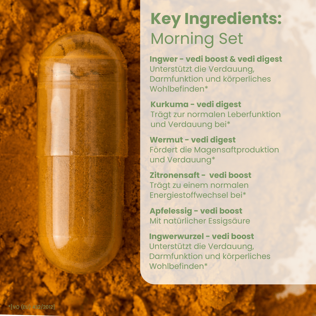 Morning-Set Key Ingredients mit Ingwer Kurkuma Wermut Zitrone Apfelessig aus Vedi Boost und Vedi Digest