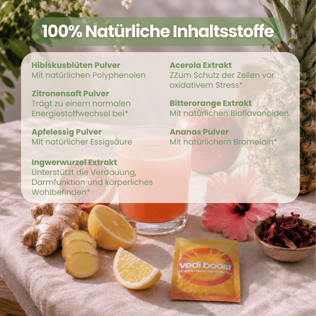 Natürliche Zutaten von vedi boost: Hibiskus, Ingwer, Acerola und Apfelessig
