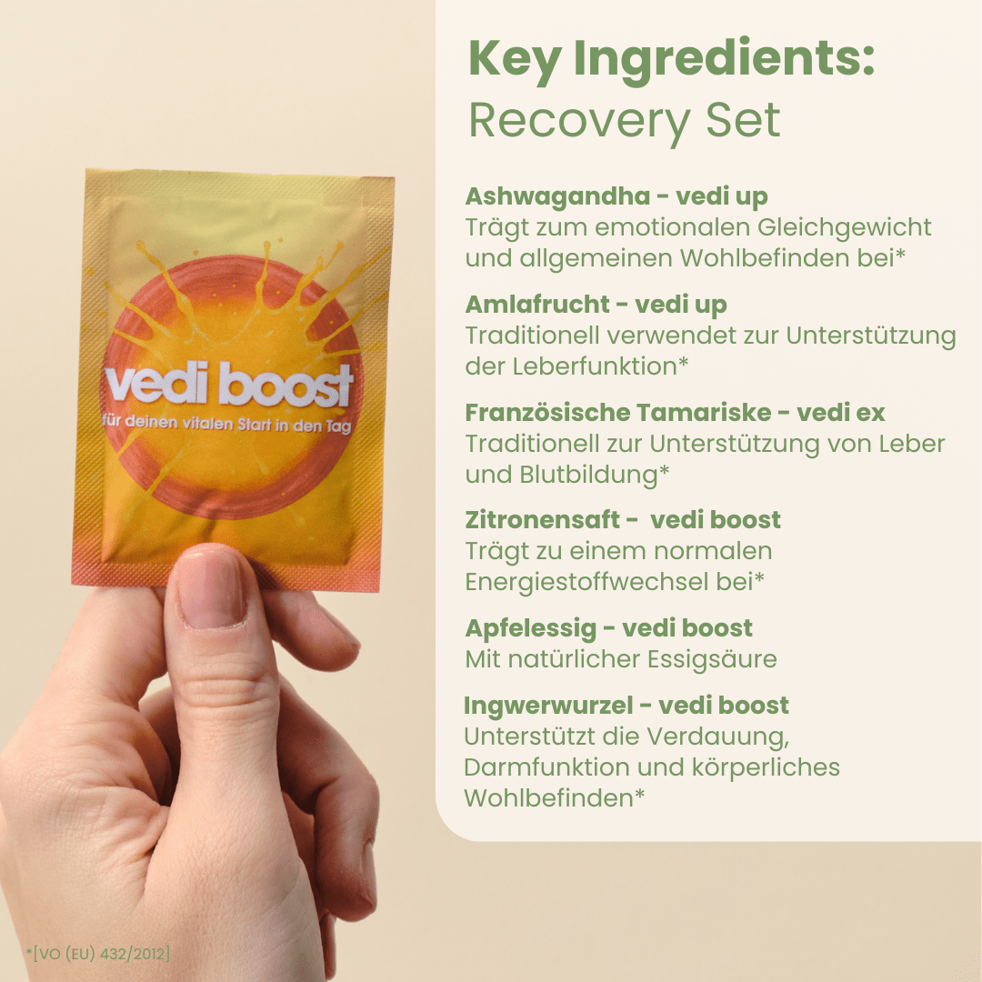 Recovery-Set Key Ingredients mit Ashwagandha Amla Tamariske aus Vedi Up Ex und Zitrone Apfelessig Ingwer
