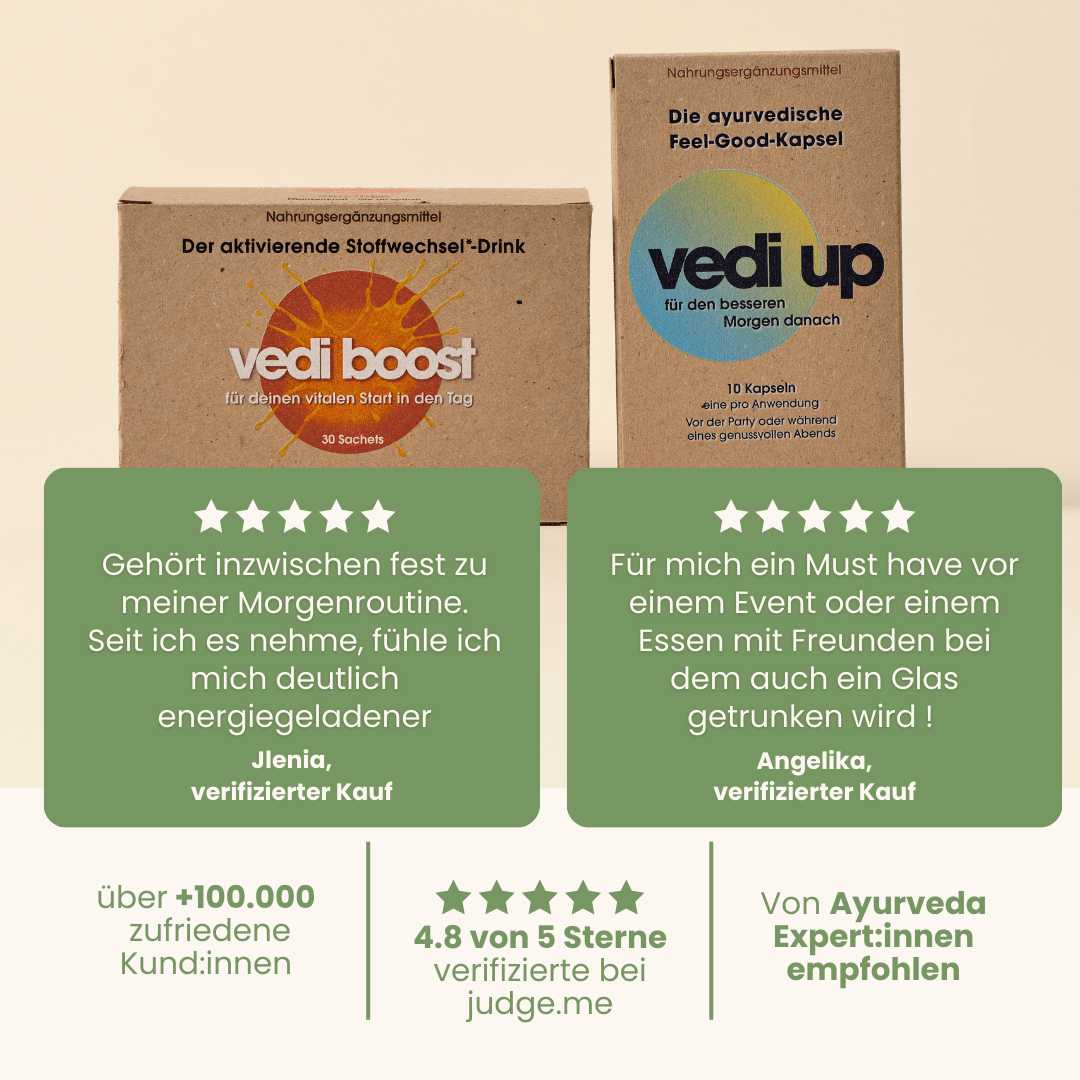Recovery-Set Kundenbewertungen 4,8 Sterne für Vedi Boost und Vedi Up mit verifizierten Testimonials