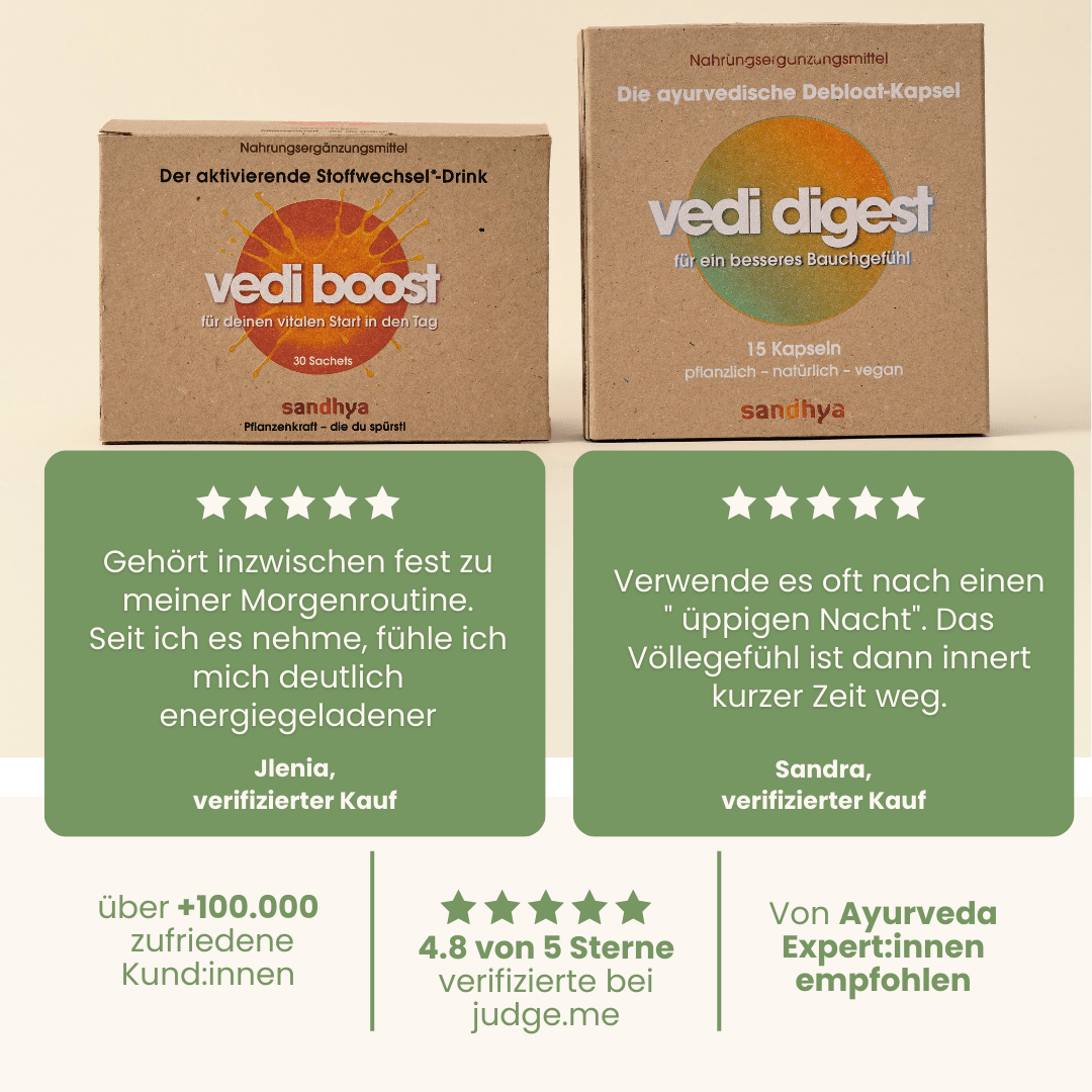 Stoffwechsel-Set Kundenbewertungen 4,8 Sterne für Vedi Boost und Vedi Digest mit verifizierten Testimonials