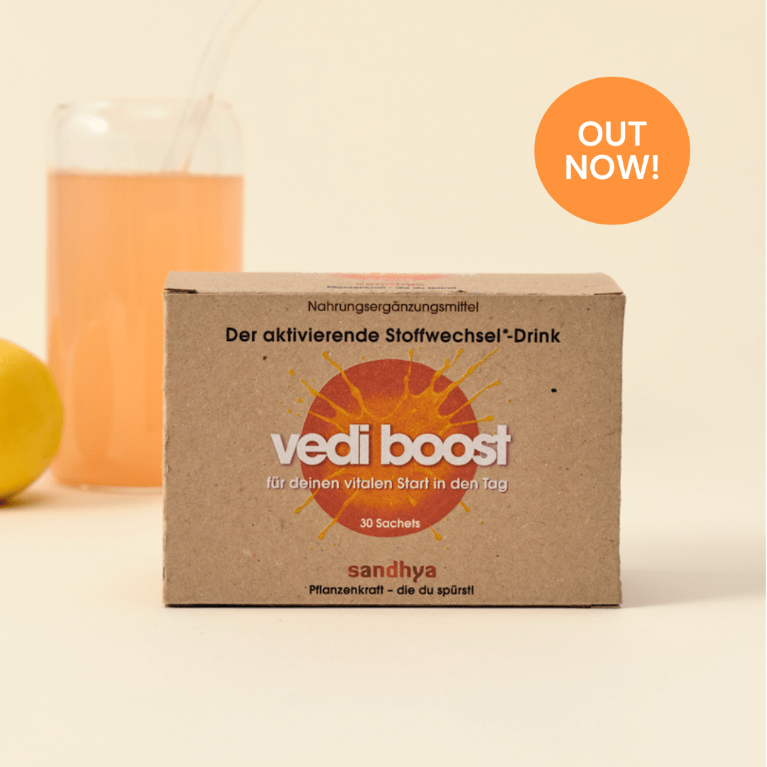 Vedi Boost Stoffwechsel-Drink Launch-Grafik Out Now für Produkteinführung mit Box Drink und Zitrone