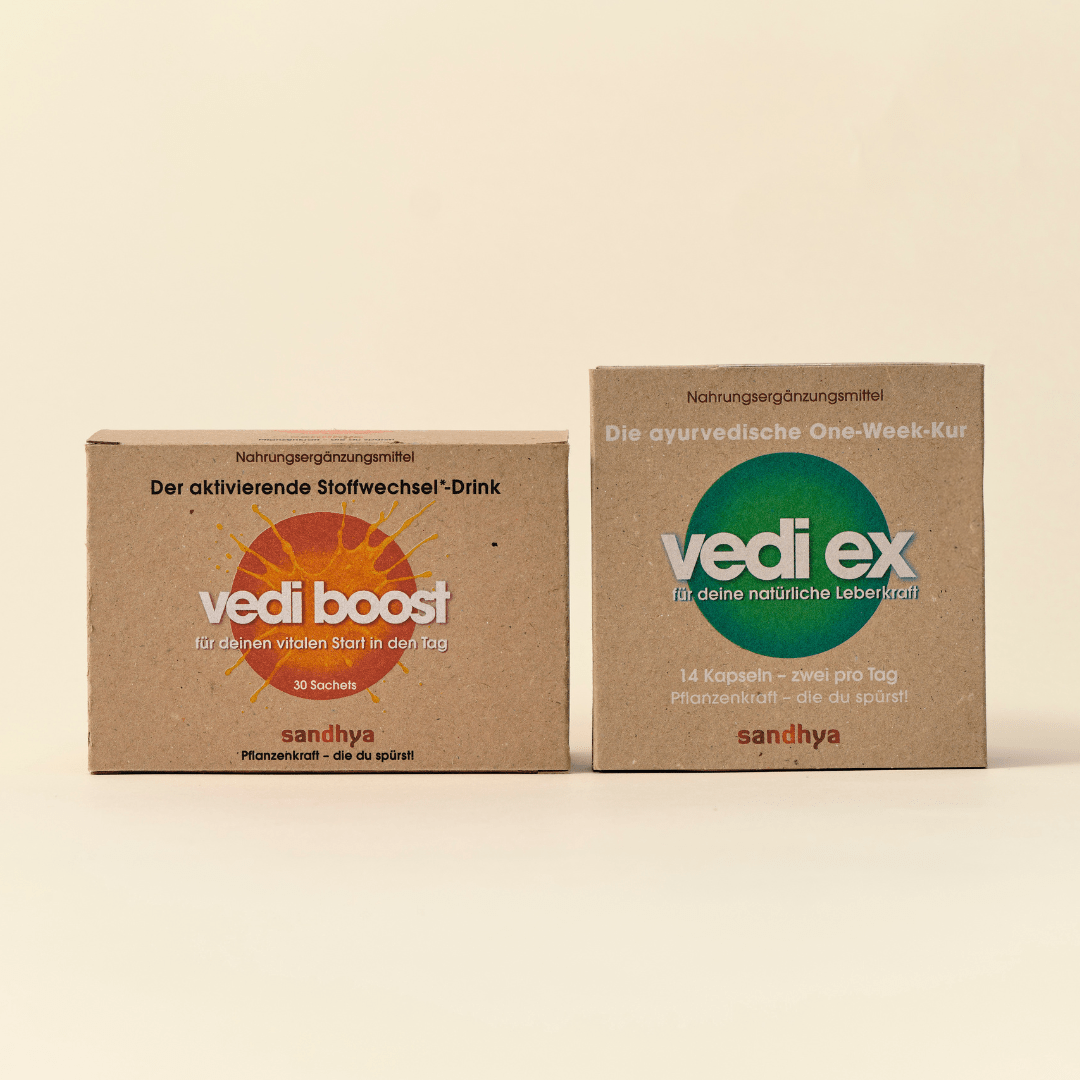 Vedi Boost Stoffwechsel-Drink und Vedi Ex Leber-Komplex als Cleanse-Set für Stoffwechsel und Leberkraft