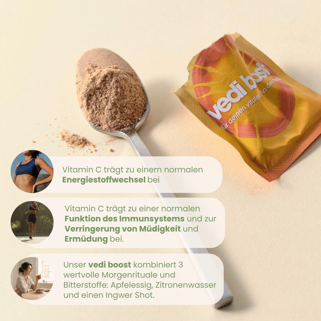 Vedi Boost Wirkweise mit Vitamin C für Energiestoffwechsel und 3 Morgenrituale Apfelessig Zitrone Ingwer