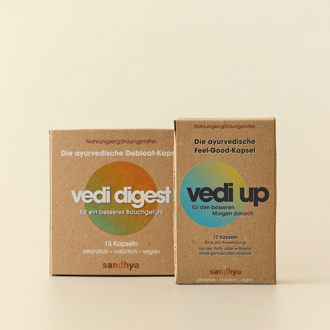 Vedi Digest und Vedi Up Produkt-Duo als ayurvedisches Set für Verdauung und Leberunterstützung