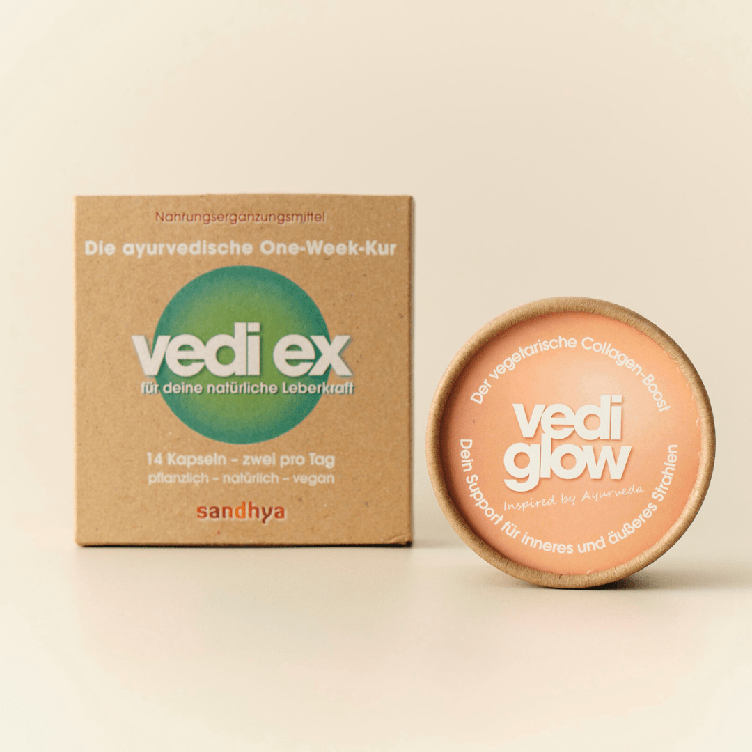 Vedi Ex und Vedi Glow Produkt-Duo als Cleanse-Glow-Set für Leberentgiftung und Hautstruktur