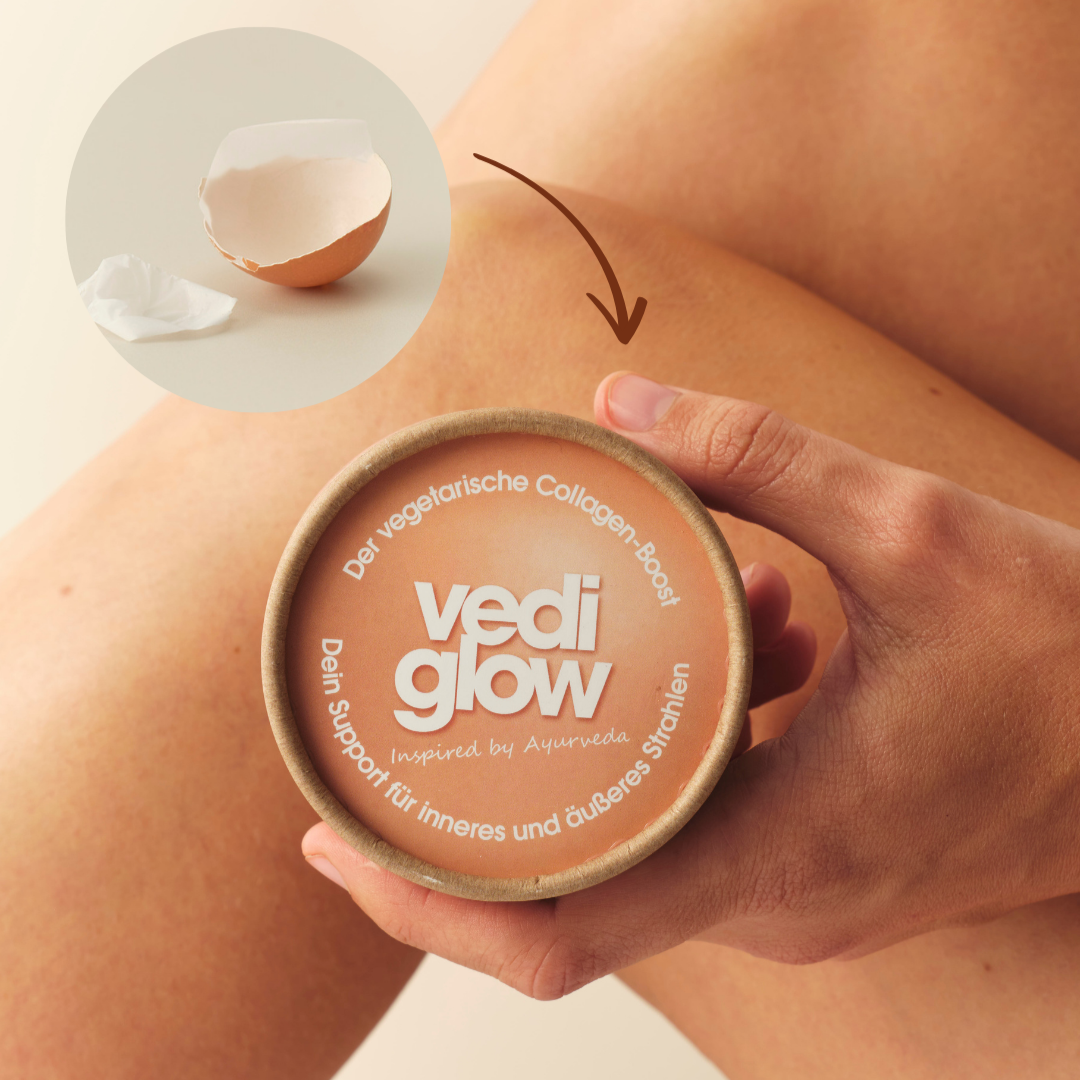 Vedi Glow Kollagen-Boost Dose mit Eierschale zeigt Ovomet-Herkunft für straffe Haut und inneres Strahlen