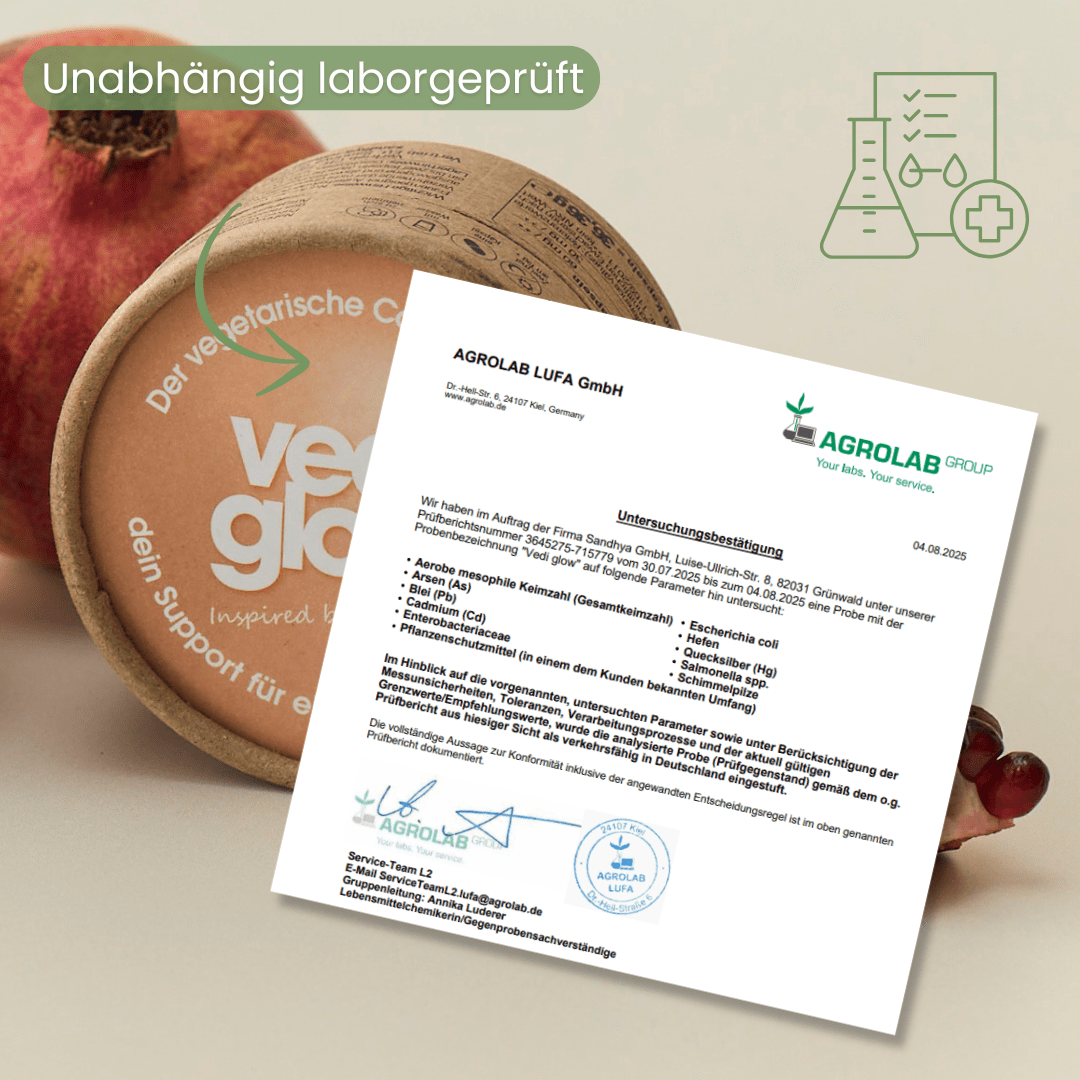 Vedi Glow Kollagen-Boost Laborbericht mit AGROLAB-Prüfung auf Qualität und Reinheit mit Granatapfel