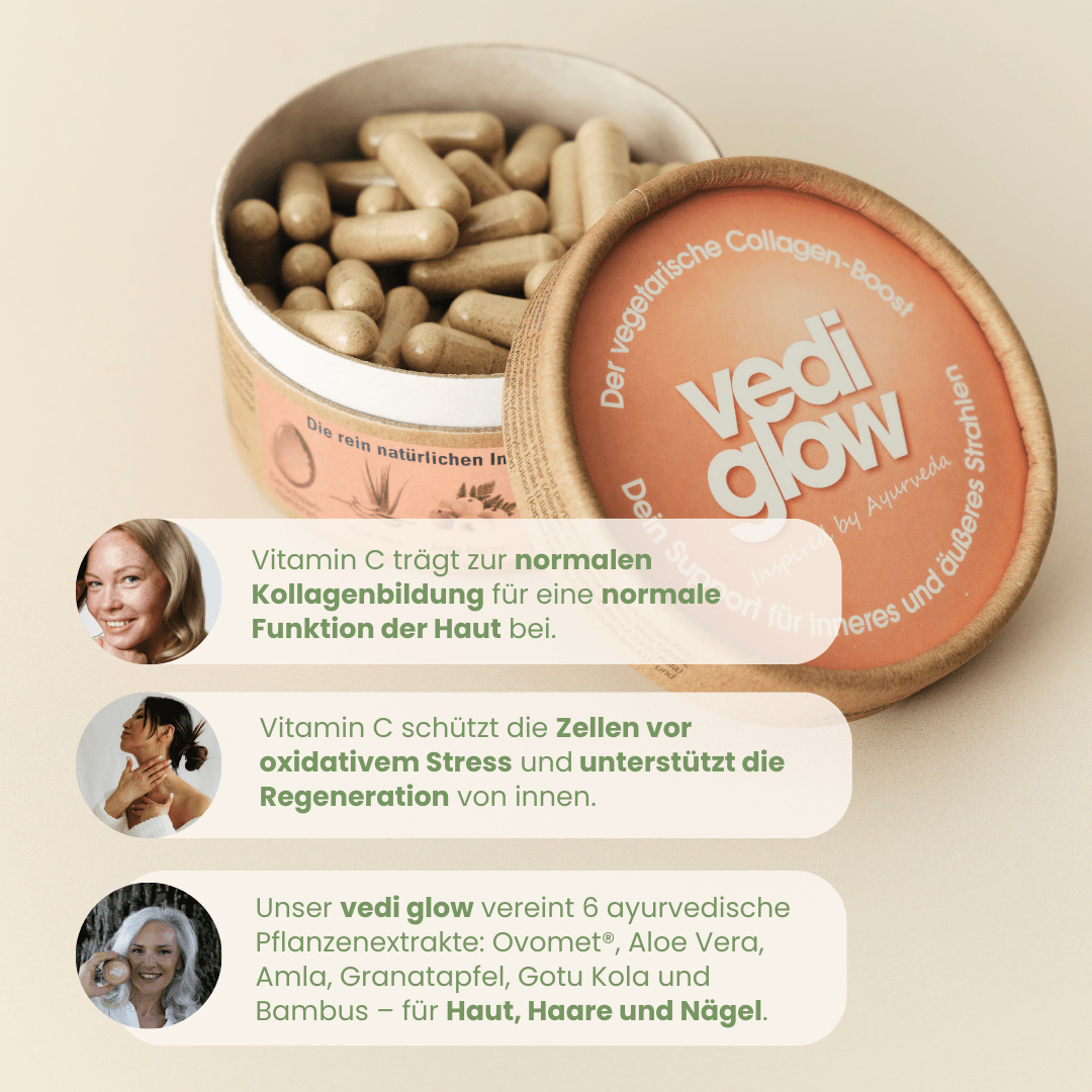 Vedi Glow Kollagen-Boost Wirkweise mit Vitamin C und 6 Pflanzenextrakten für Haut Haare und Nägel