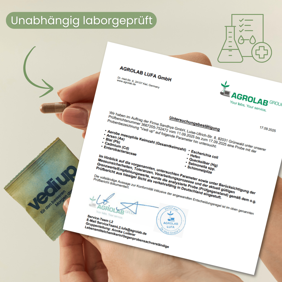 Vedi Up Feel-Good-Kapsel Laborbericht AGROLAB unabhängig laborgeprüft auf Schwermetalle und Keime