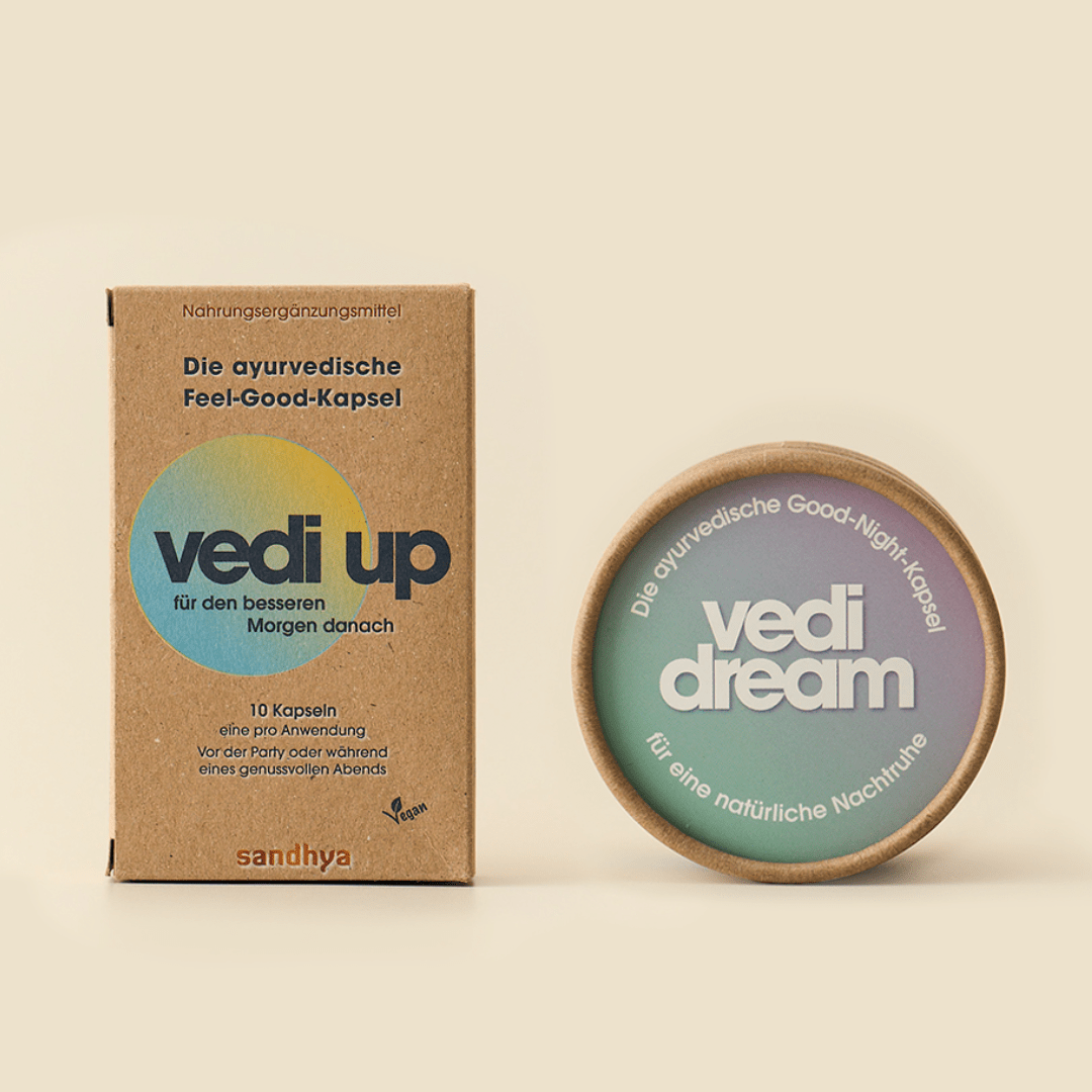 Vedi Up Feel-Good-Kapsel und Vedi Dream Good-Night-Kapsel als ayurvedisches Set für Abend und Nachtruhe