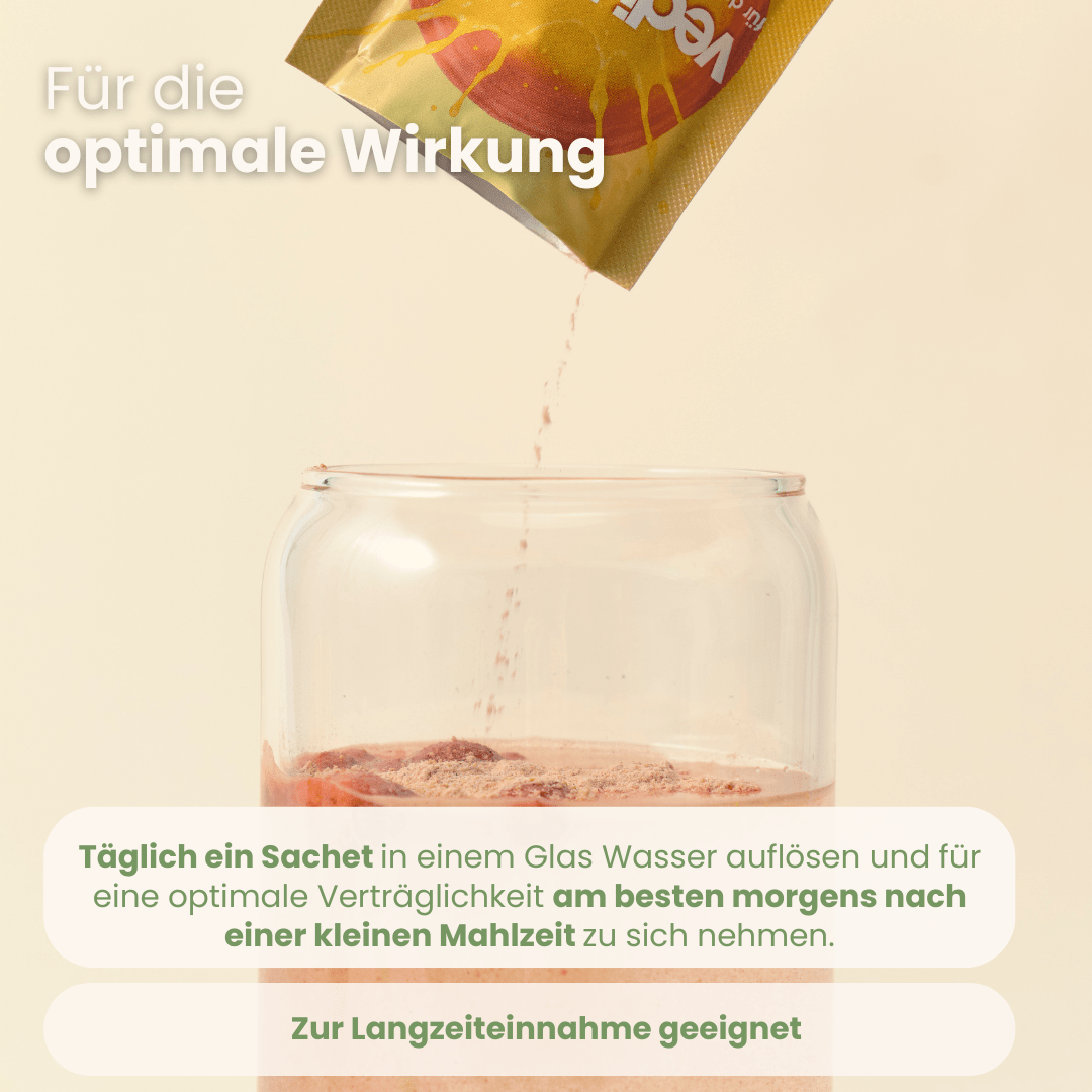 vedi boost Pulver wird morgens in einem Glas Wasser aufgelöst