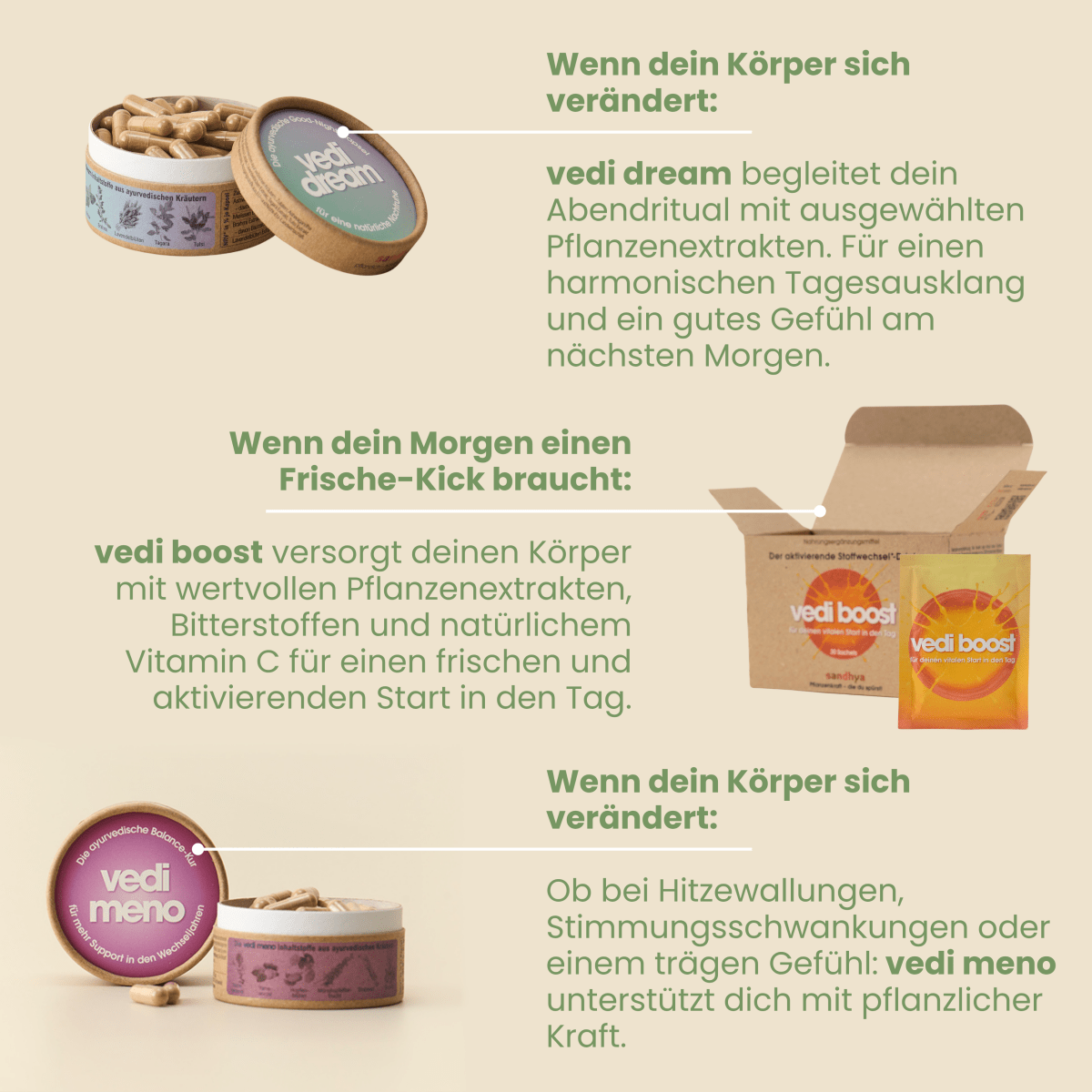 Anwendung Menopause Trio: vedi dream fürs Abendritual, vedi boost am Morgen und vedi meno in den Wechseljahren