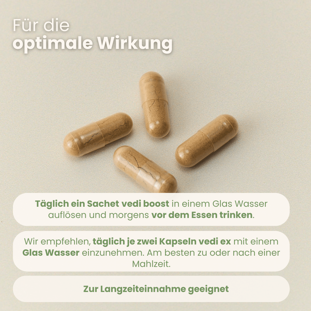 Cleanse-Boost-Set Anwendungsguide mit Vedi Boost Drink morgens und Vedi Ex Leber-Kapseln zur Mahlzeit