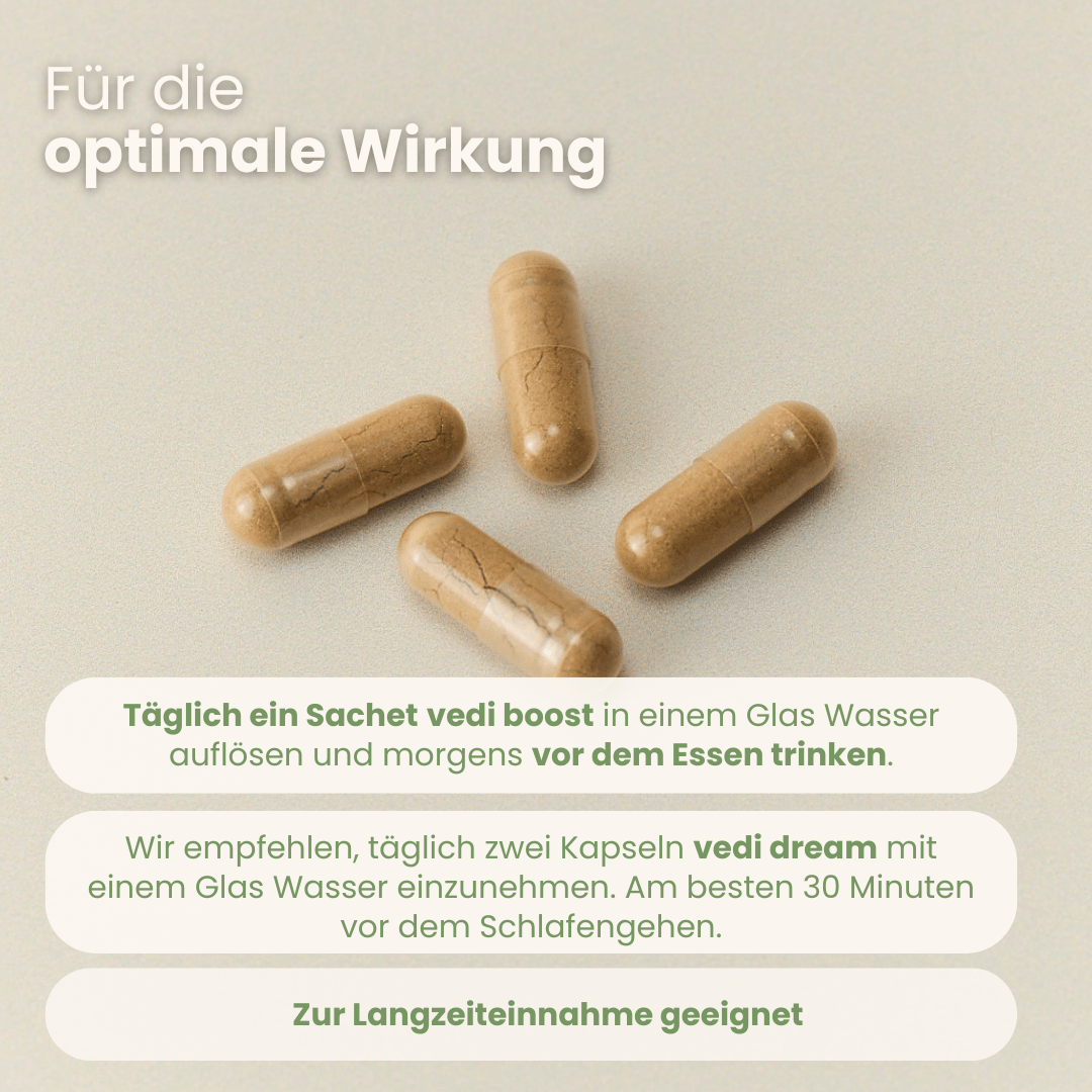 Day-Night-Set Anwendungsguide mit Vedi Boost Drink morgens und Vedi Dream Kapseln vor dem Schlafengehen