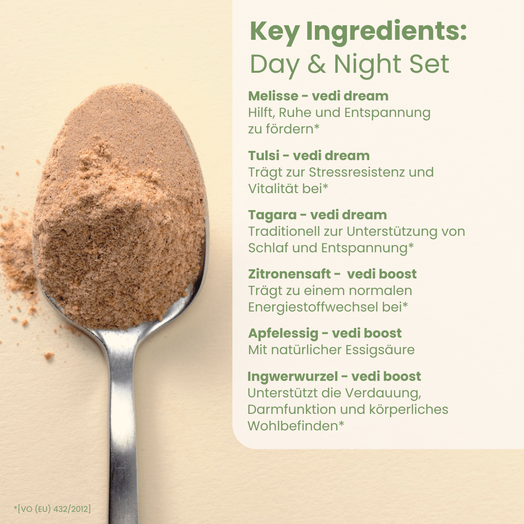 Day-Night-Set Key Ingredients mit Melisse Tulsi Tagara aus Vedi Dream und Zitrone Apfelessig Ingwer