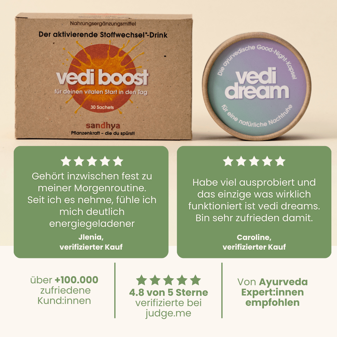 Day-Night-Set Kundenbewertungen 4,8 Sterne für Vedi Boost und Vedi Dream mit verifizierten Testimonials