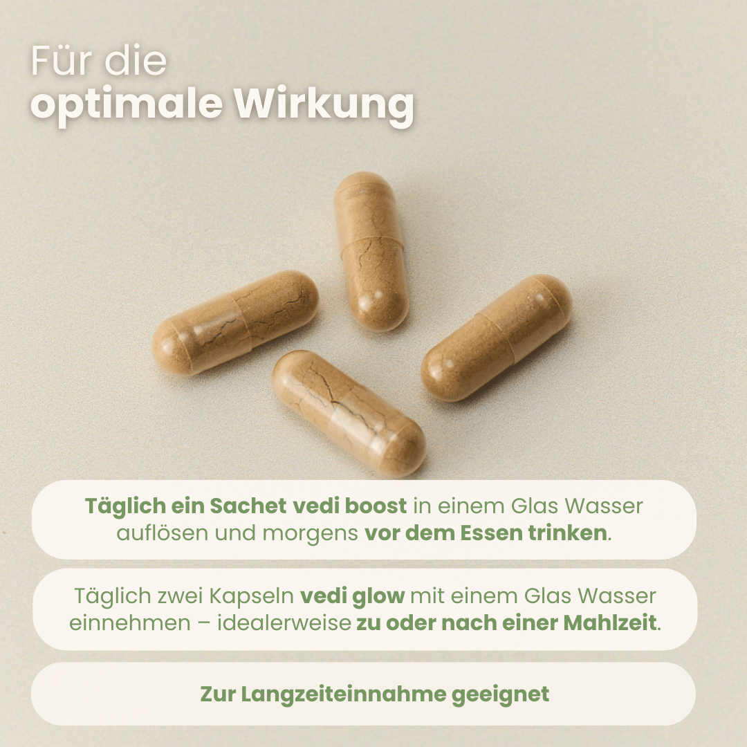 Morning-Set Anwendungsguide mit Vedi Boost Drink morgens und Vedi Glow Kapseln zur Mahlzeit