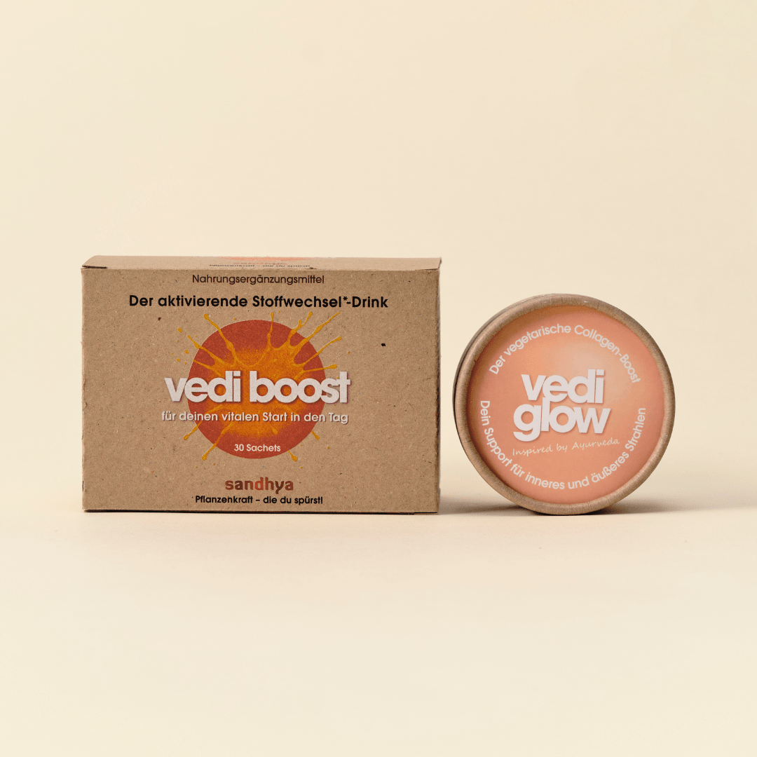 Morning-Set Hauptproduktbild mit Vedi Boost Stoffwechsel-Drink und Vedi Glow Kollagen-Boost