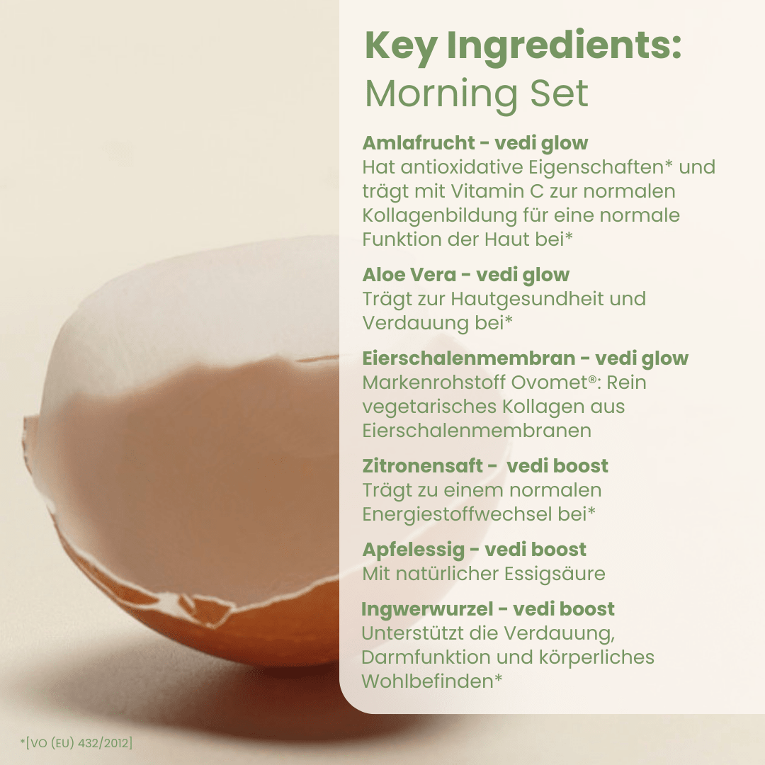 Morning-Set Key Ingredients mit Amla Aloe Vera Ovomet aus Vedi Glow und Zitrone Apfelessig Ingwer