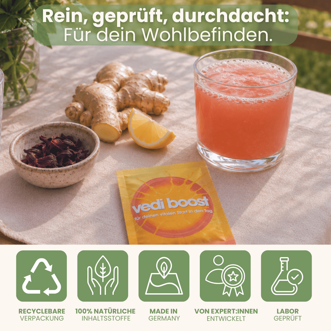vedi boost Getränk mit Ingwer und Hibiskus, 100% natürlich, in Deutschland entwickelt