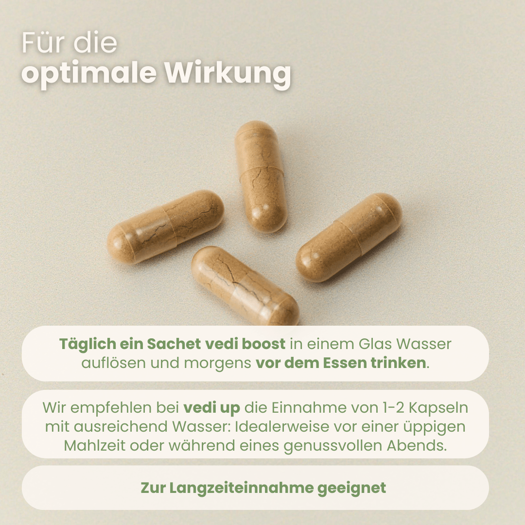 Recovery-Set Anwendungsguide mit Vedi Boost Drink morgens und Vedi Up Kapseln vor üppigem Essen