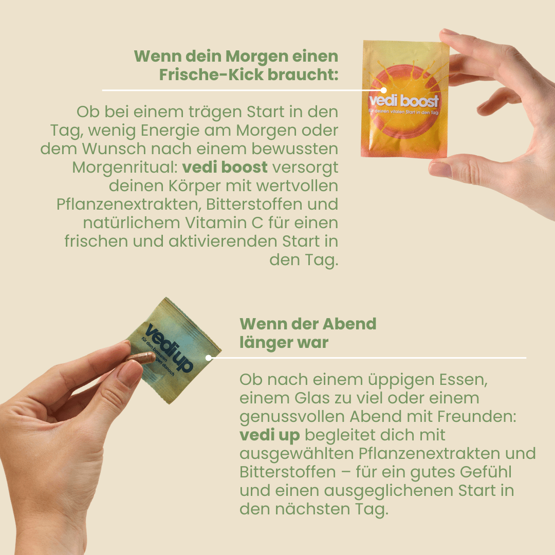 Recovery-Set Anwendungen mit Vedi Boost Sachet morgens und Vedi Up Sachet nach langem Abend mit Alkohol