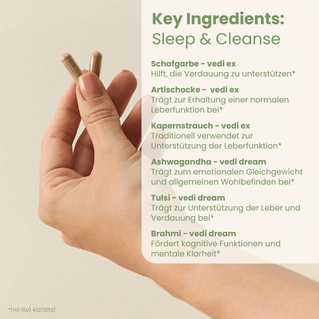 Sleep-Cleanse-Set Key Ingredients Vedi Ex und Vedi Dream mit Schafgarbe Ashwagandha und Brahmi