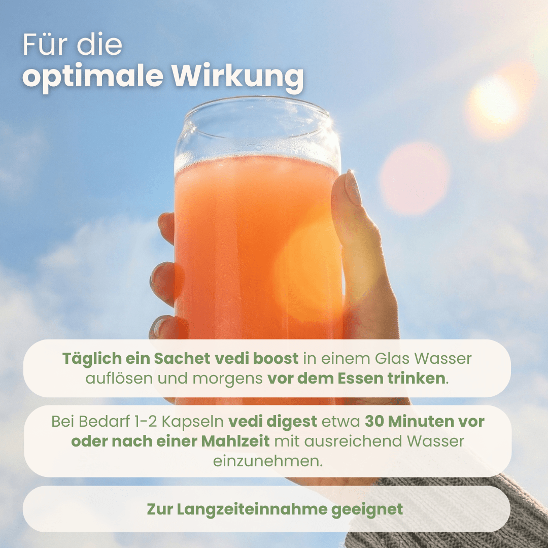 Stoffwechsel-Set Anwendungsguide mit Vedi Boost Drink morgens und Vedi Digest Kapseln bei Mahlzeiten