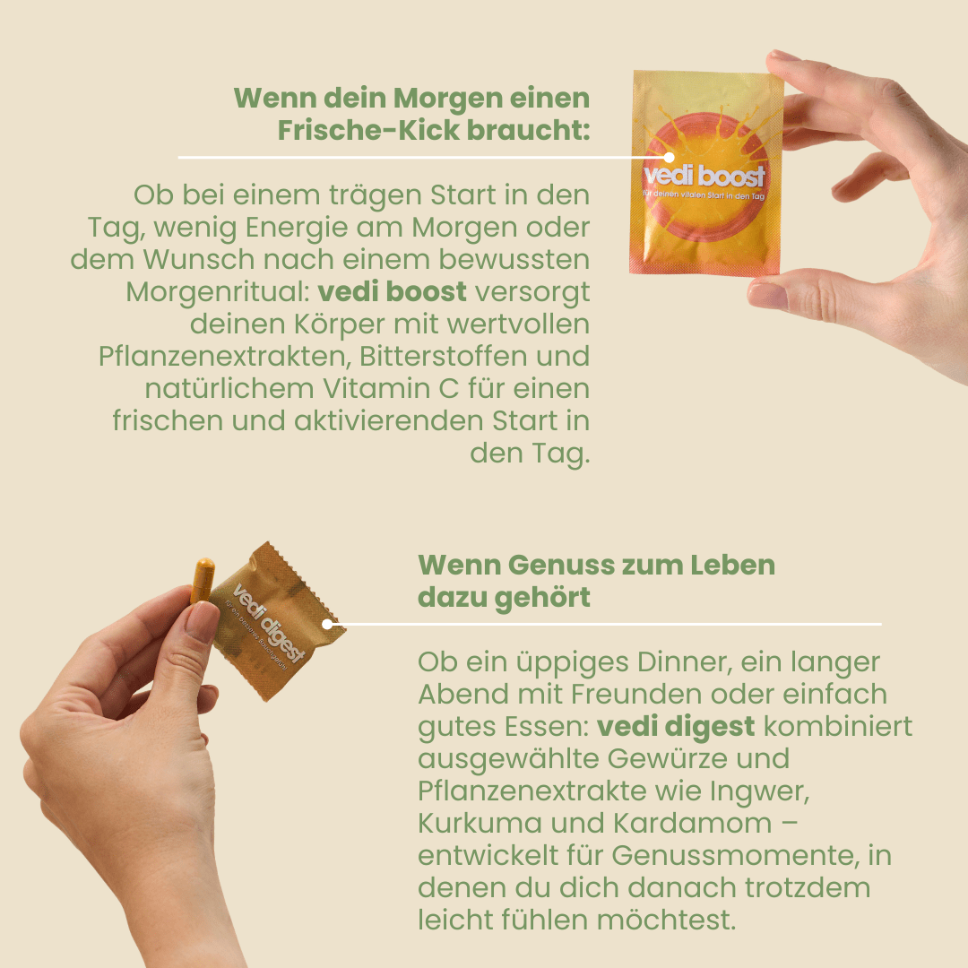 Stoffwechsel-Set Anwendungen mit Vedi Boost Sachet für aktiven Morgen und Vedi Digest nach üppigem Essen