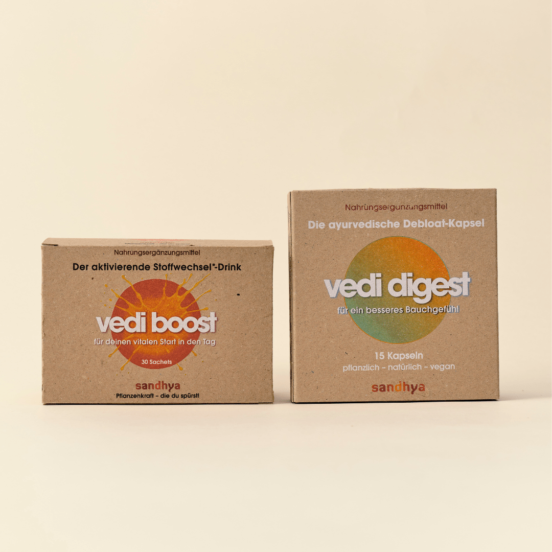 Stoffwechsel-Set Vedi Boost Drink und Vedi Digest Kapsel Verpackungen als ayurvedisches Produktduo