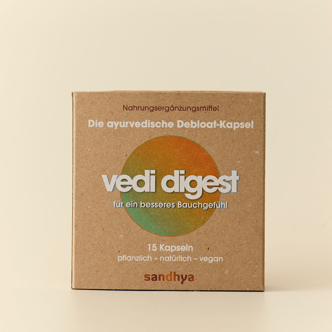Vedi Digest ayurvedische Debloat-Kapsel Box frontal bei Völlegefühl und Verdauungsbeschwerden