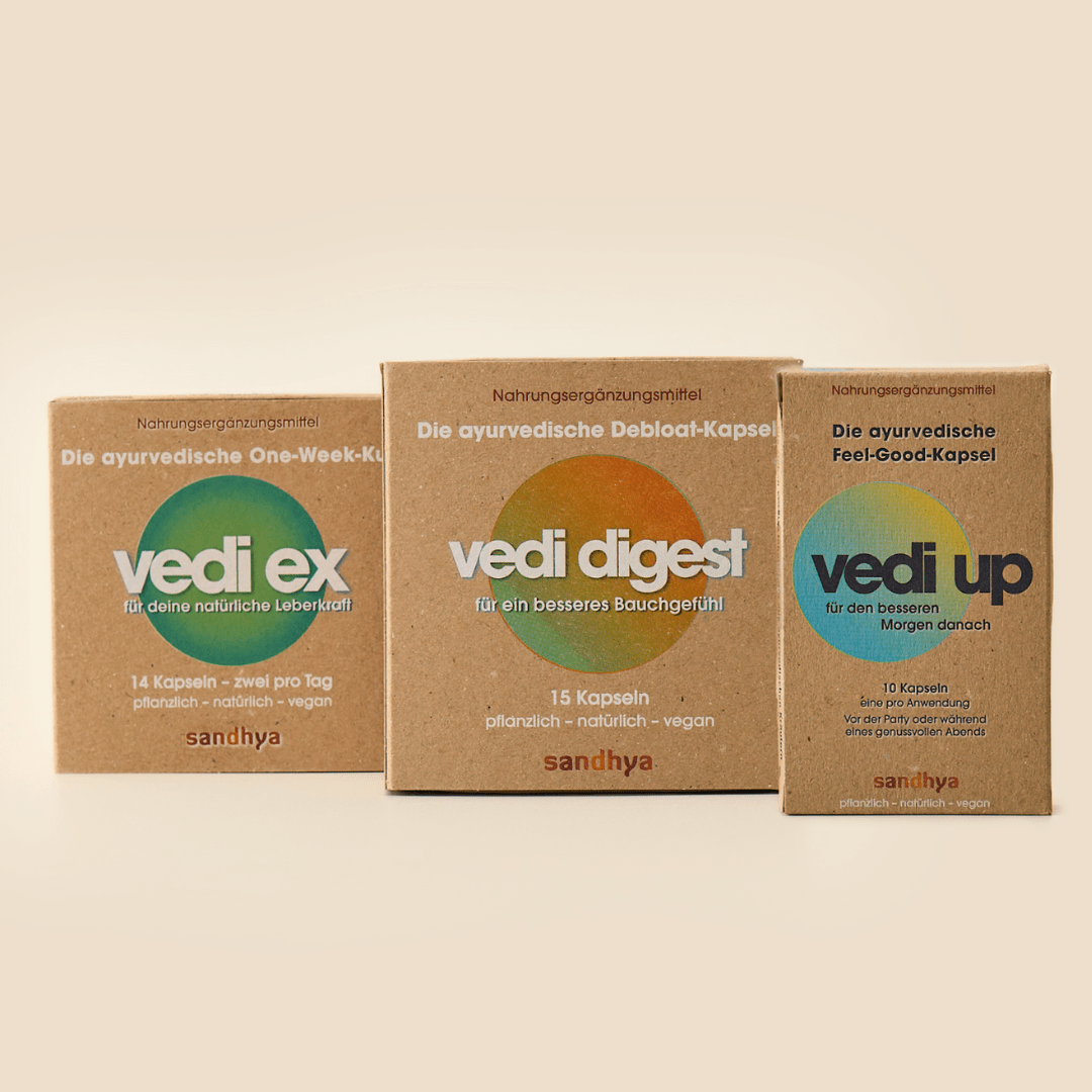 Vedi Up Vedi Digest und Vedi Ex Produkttrio als ayurvedisches Set für Leber Verdauung und Genuss