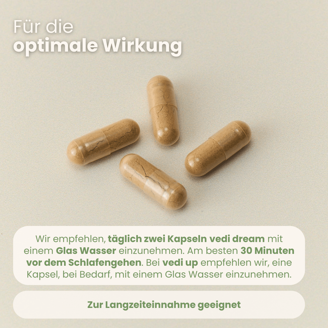 Vedi Up Dream Set Anwendungsguide mit Vedi Dream vor dem Schlafen und Vedi Up Kapsel bei Bedarf