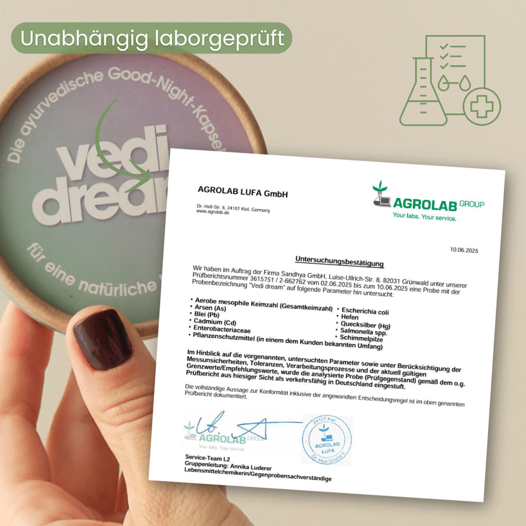 Vedi Dream Good-Night-Kapsel Laborbericht mit AGROLAB-Prüfung auf Schwermetalle und Keime im Dream Set