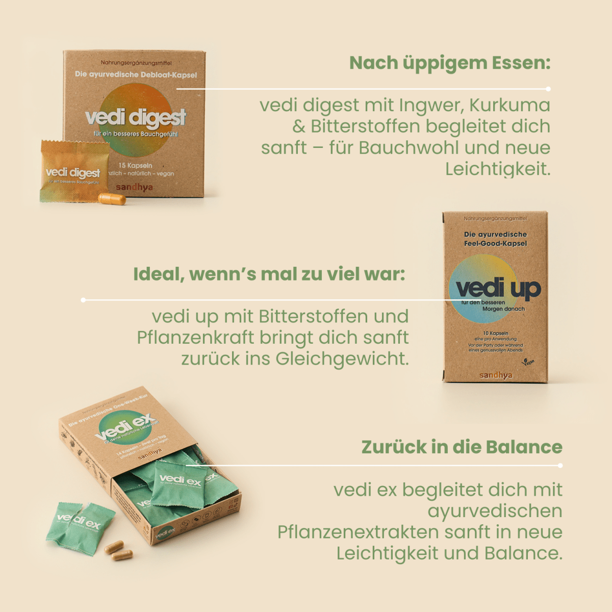 Vedi Wiesn Trio mit Digest, Up und Ex Kapseln als Oktoberfest-Set für Wohlbefinden nach üppigem Essen