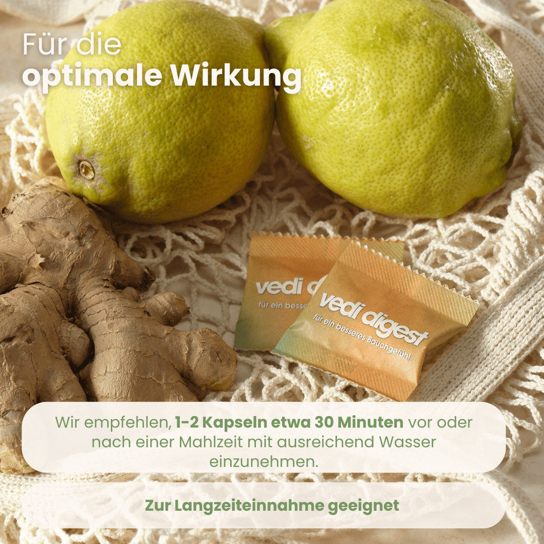 vedi digest Sachet mit frischem Ingwer und Zitronen – Einnahmeempfehlung: 1-2 Kapseln 30 Minuten vor oder nach einer Mahlzeit